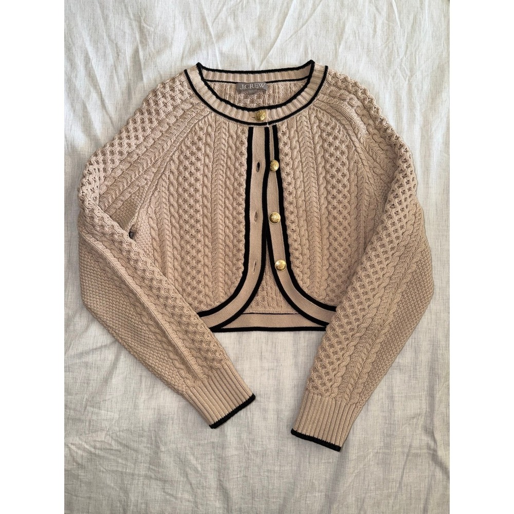 J. Crew Womans Cropped cable-knit sweater lady jacket cardigan XS Tan Gold